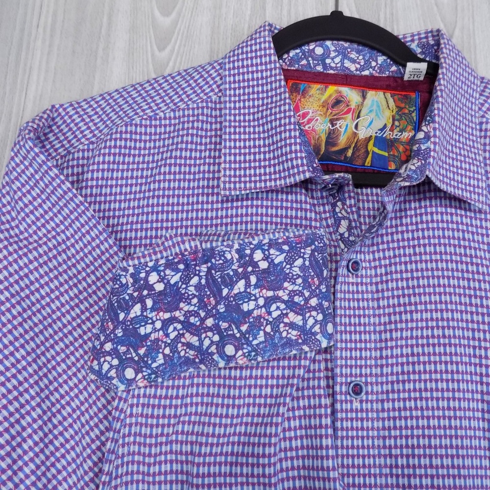 Robert Graham Classic Fit Shirt Mens 2XL Purple Blue Micro Check Button Down EUC